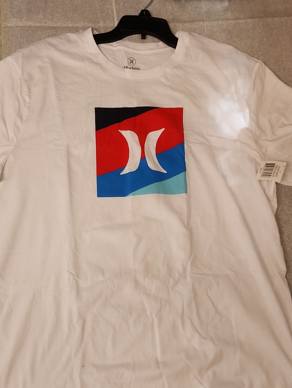 Hurley Men’s White Graphic Tee with Red, Blue & Teal Block XL